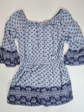 Mudd Romper Womens Medium Blue White Floral Paisley Bell Sleeve Boho Cottagecore